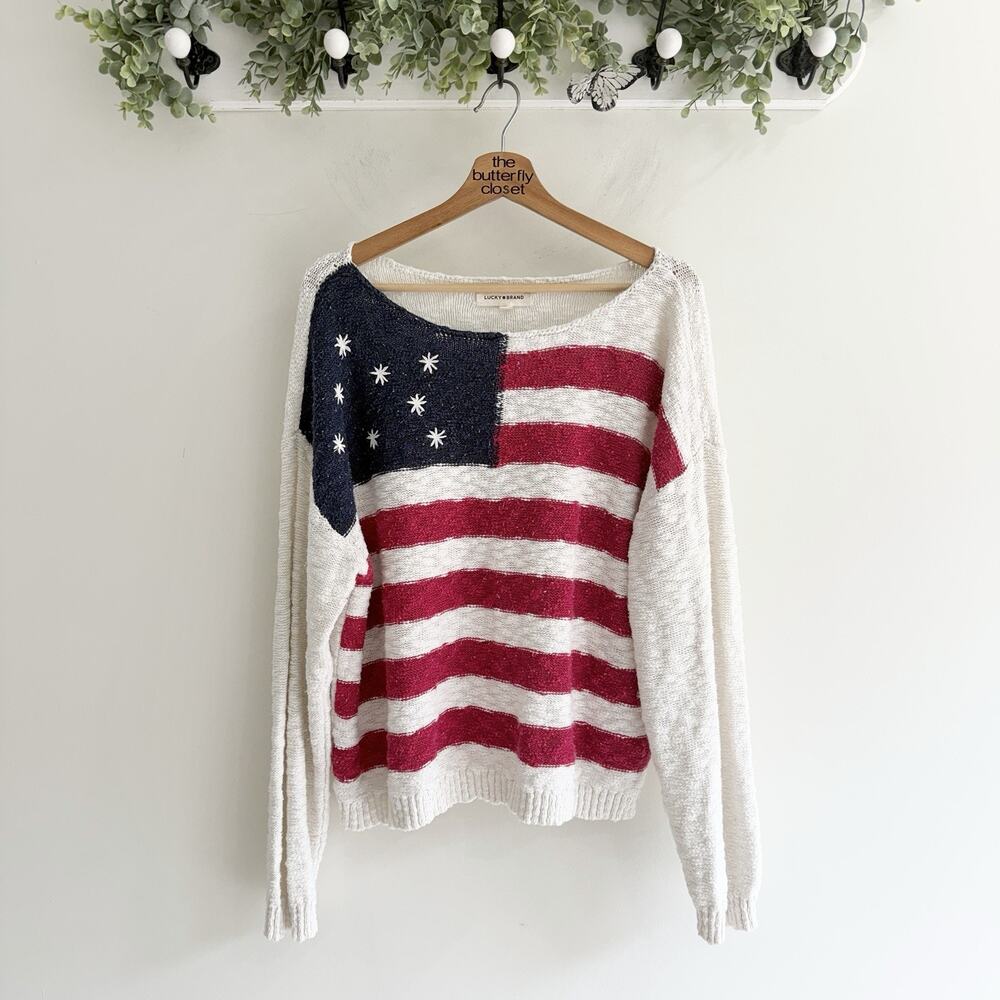Lucky Brand American Flag Popcorn Knitter Boat Neck Sweater XL SS 6037 9